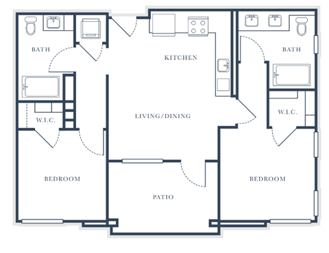 A floor plan of a house with two bedrooms, a living/dining area, a kitchen, a patio, and two bathrooms.